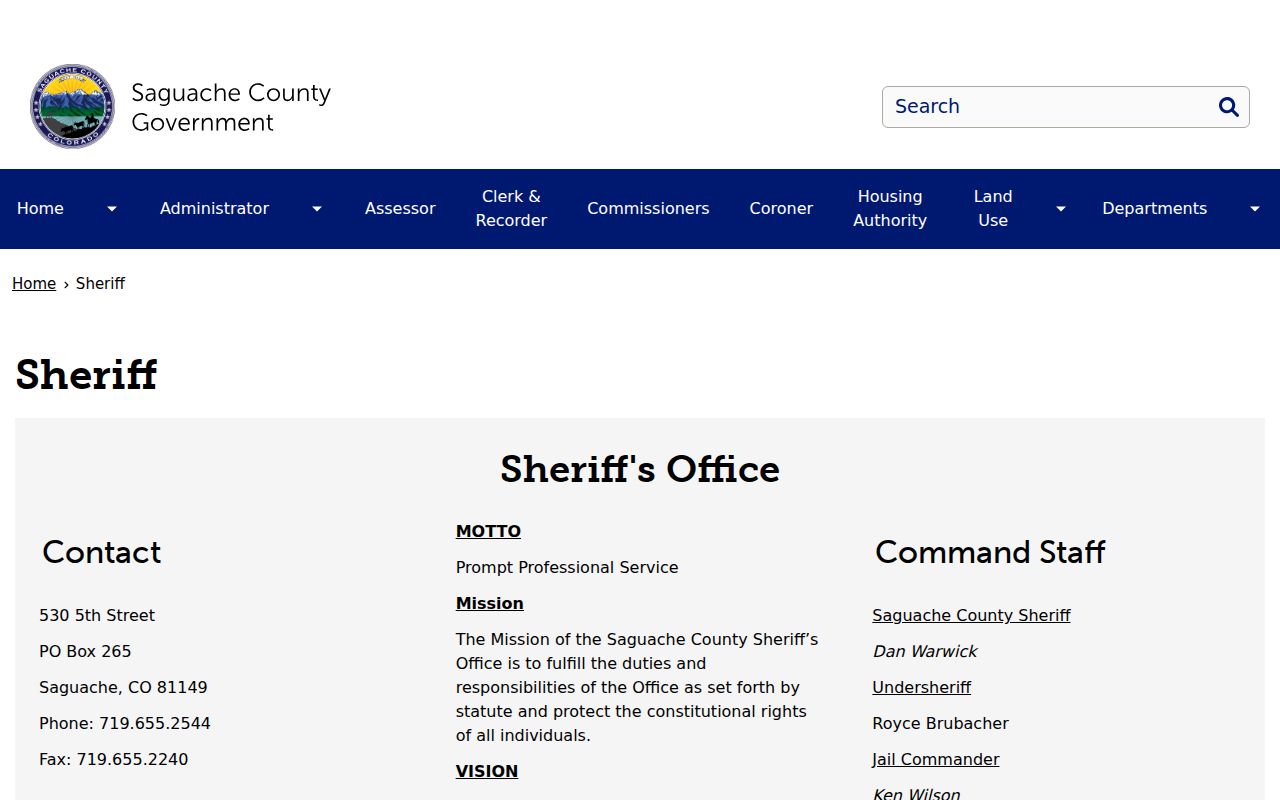 Saguache County arrest record contact and inmate transfer information